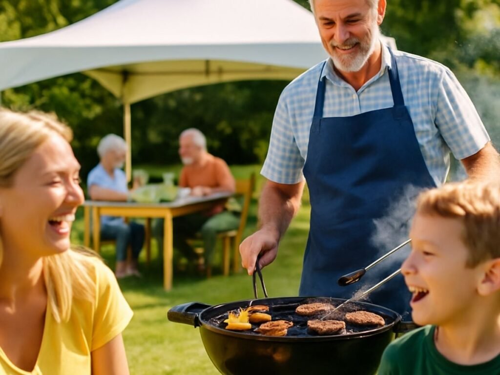 Backyard BBQ party with people eating under tent in background.